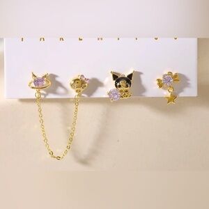 14K Gold Sanrio Kuromi Character Theme Stud Mismatched Earrings Set